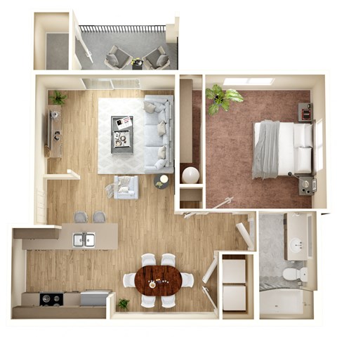Floor plan for 1 bed, 1 bath, 722 sqft